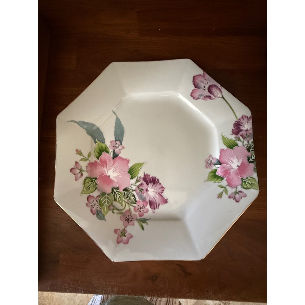 Vintage Japan Octagonal Floral Porcelain Plate Pink Purple Flowers Gold Trim 10"